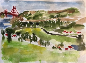 watercolor painting of the golden gate bridge and cavallo point