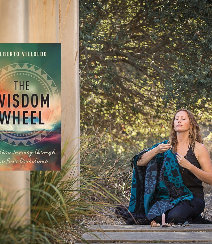 molly maguire meditating with book cover of the wisdom wheel