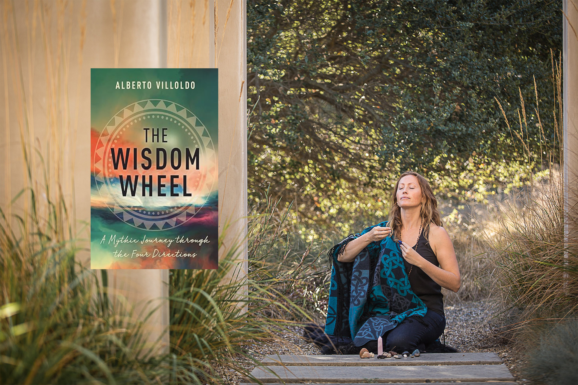 molly maguire meditating with book cover of the wisdom wheel