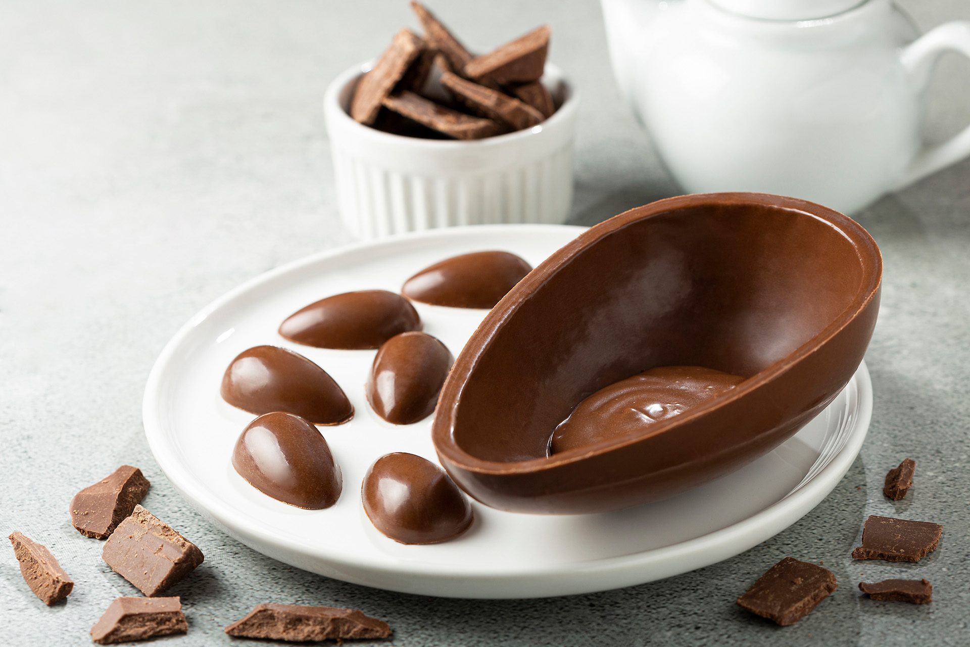 chocolate eggs on a white plate